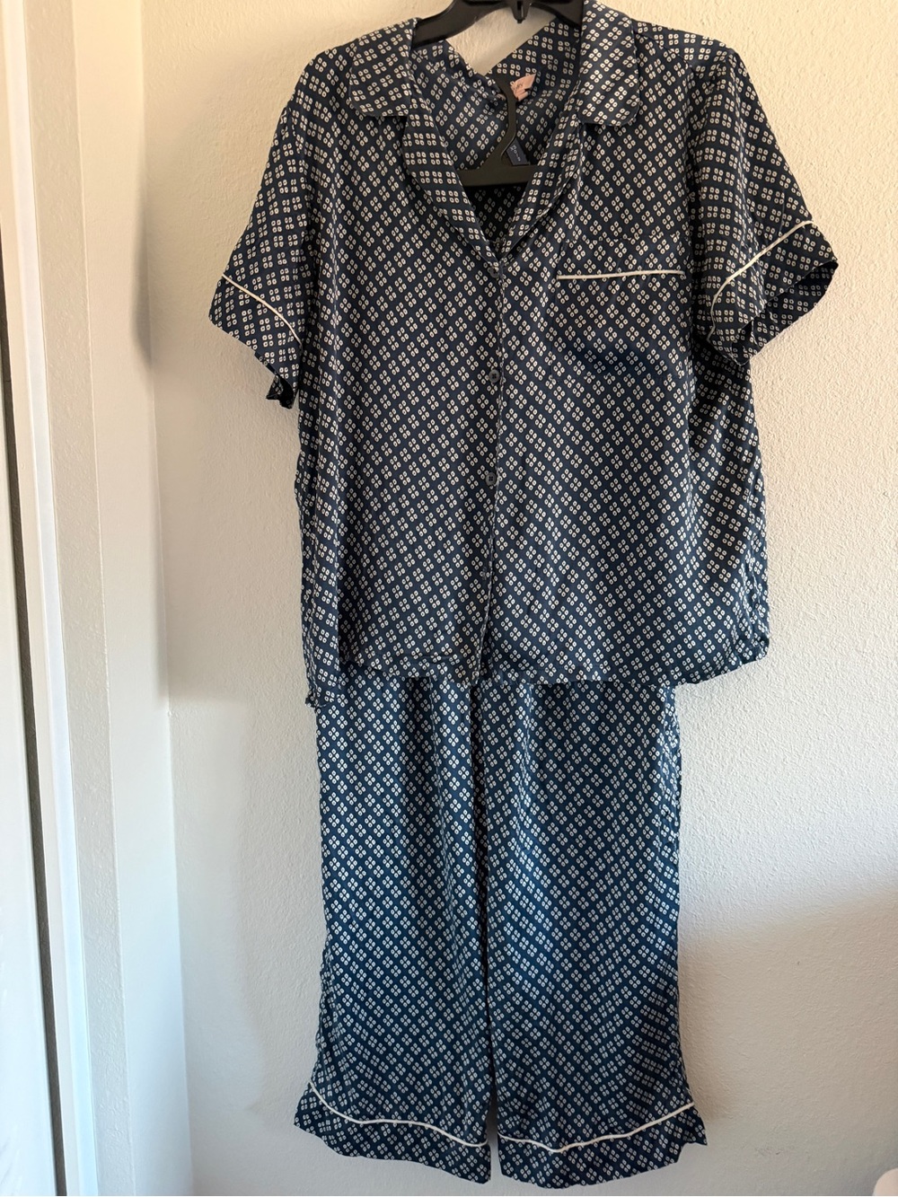 Eberjey Silk Satin Pajama Set Blue White Geometric Button Front Inez